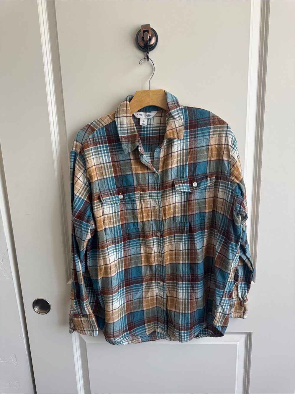 Old Navy Teal, Brown & Tan Boyfriend Plaid Button-Down Shirt
